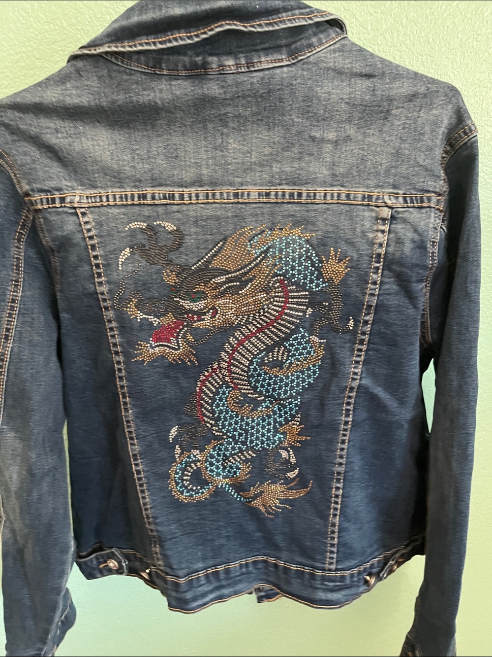 White Mark Dark Blue Denim Jean Jacket with dragon art